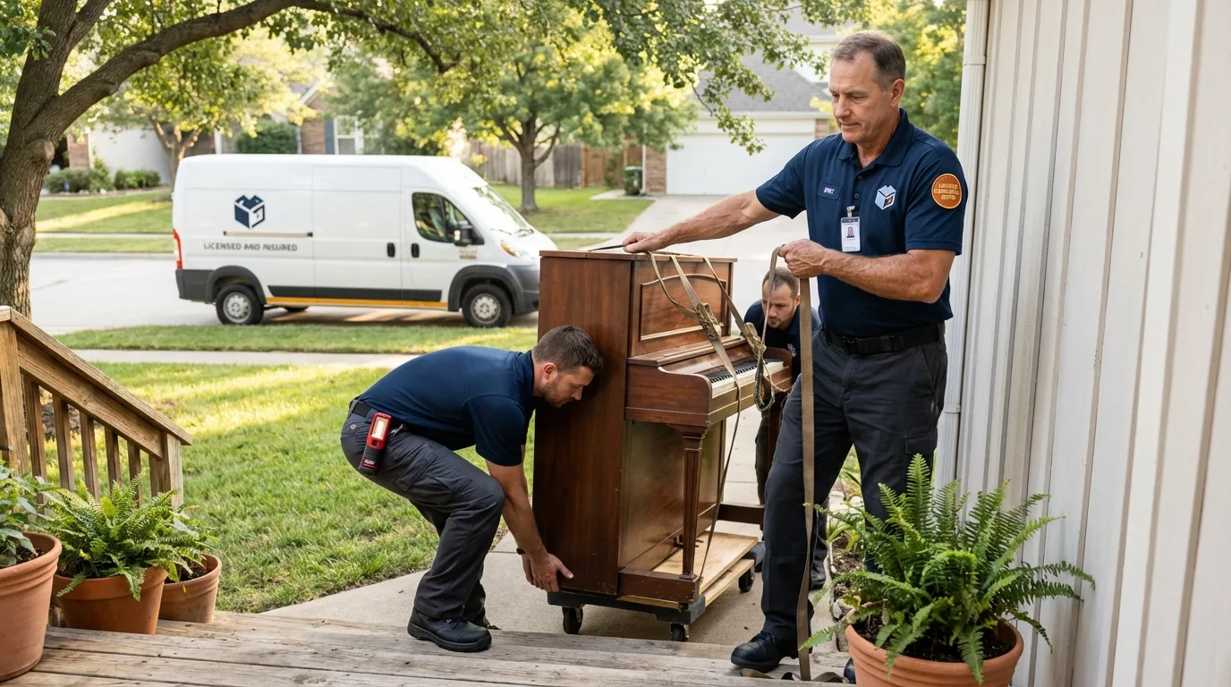 Licensed piano movers securing grand piano in Saint Joseph, MN