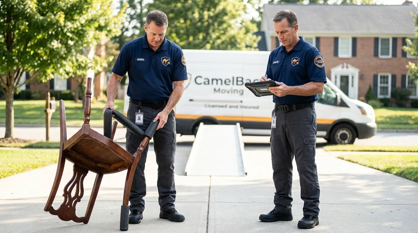 Movers inspecting furniture for damage prevention before loading in Saint Joseph, MN