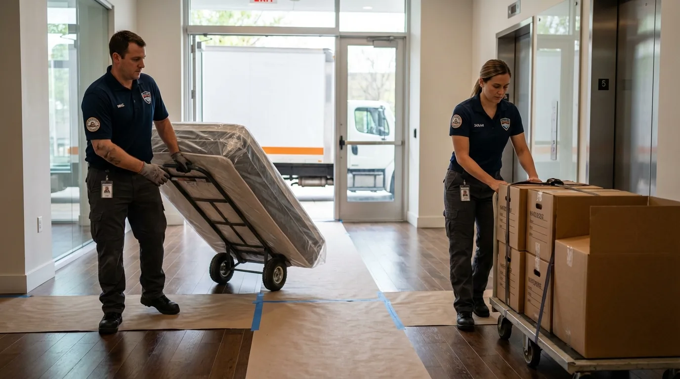 Professional apartment movers loading elevator in Saint Joseph, MN
