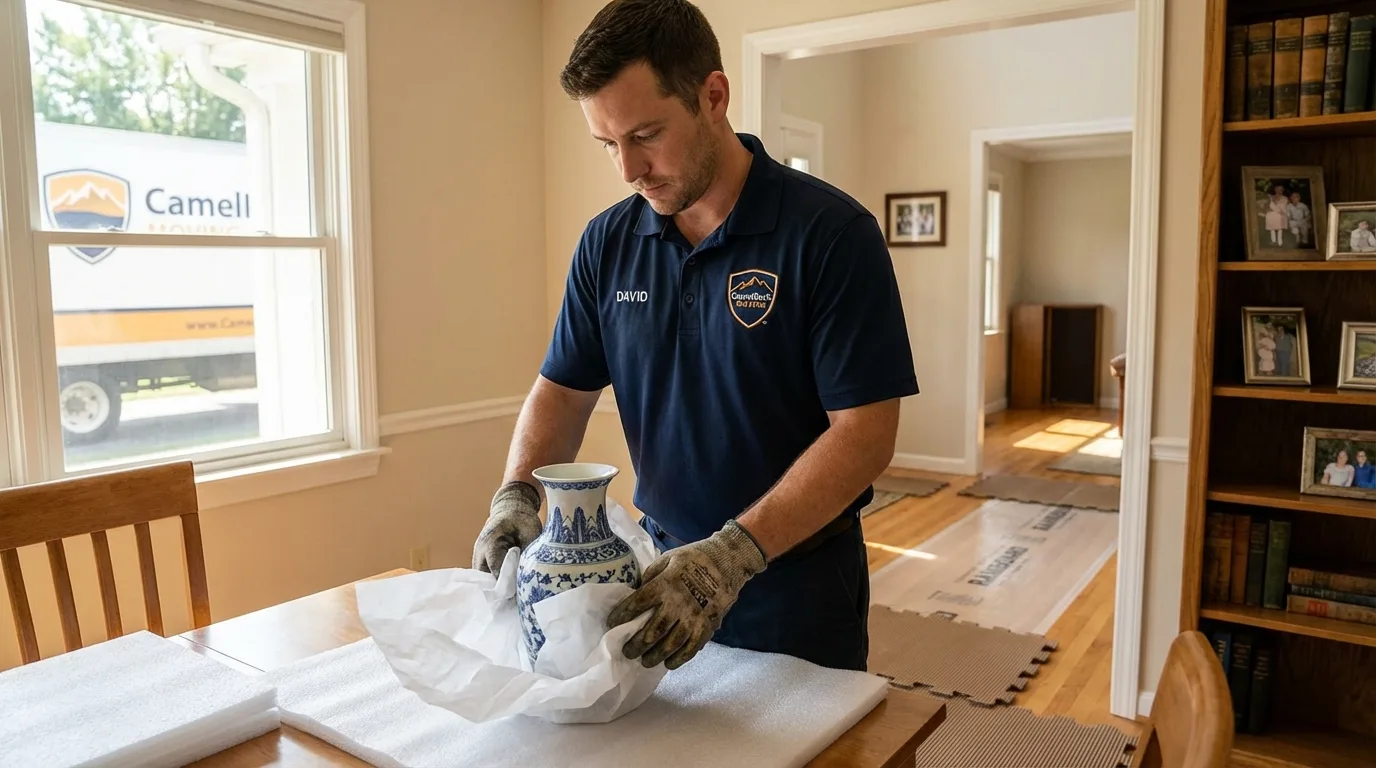 Professional crew carefully wrapping antique vase for senior downsizing move in Saint Joseph, MN